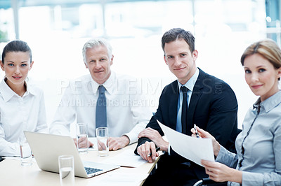 Buy stock photo Portrait, business and people in office for meeting, court case or document with witness statement. Team, lawyer and laptop with report in workplace for evidence, confidential information and lawsuit