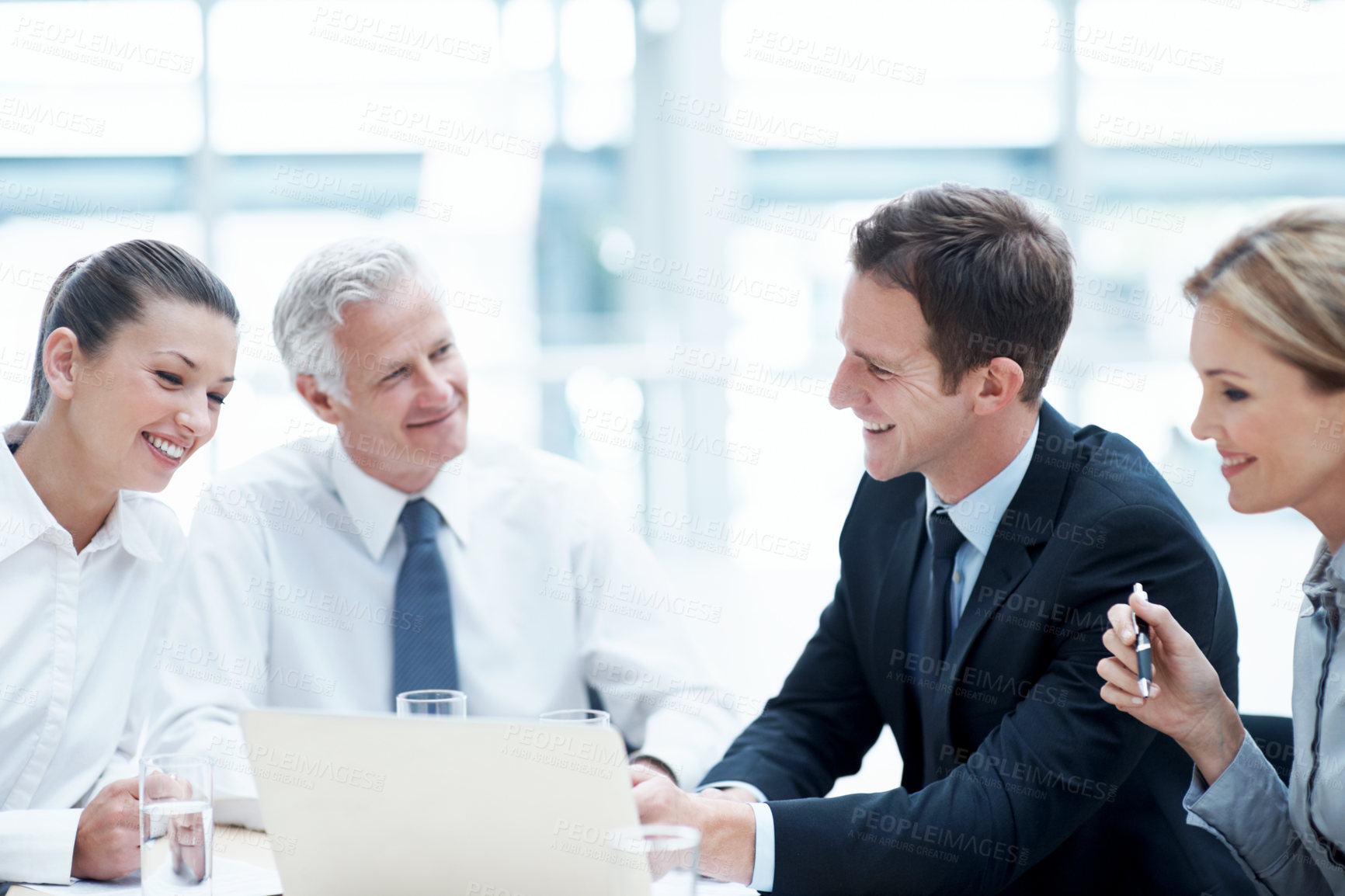Buy stock photo Attorney, people and manager in office with laptop, planning and good news for court case settlement. Lawyer, team and smile in business with computer, strategy and discussion for dispute resolution.