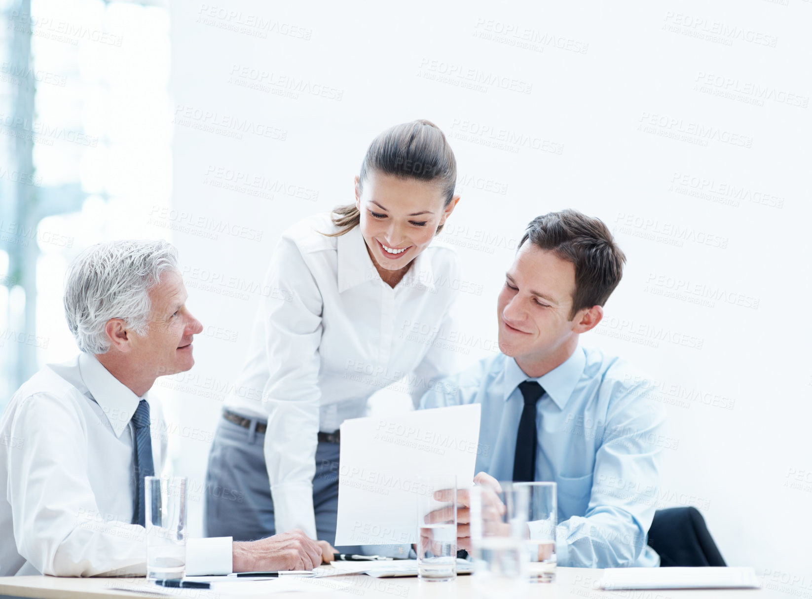 Buy stock photo Corporate, meeting and business people with documents, finance review and proposal with manager. Office, team and woman with men for paperwork, discussion and financial report for budget planning