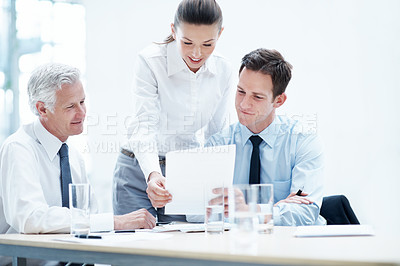Buy stock photo Office, feedback and business people with documents, finance review and proposal with manager. Corporate, team and woman with men for paperwork, discussion and financial report for budget planning