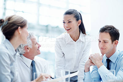 Buy stock photo Business, meeting or people in office with document, strategy plan or feedback in budget review. Collaboration, briefing or finance team with paper, funding evaluation or forecast in revenue report.