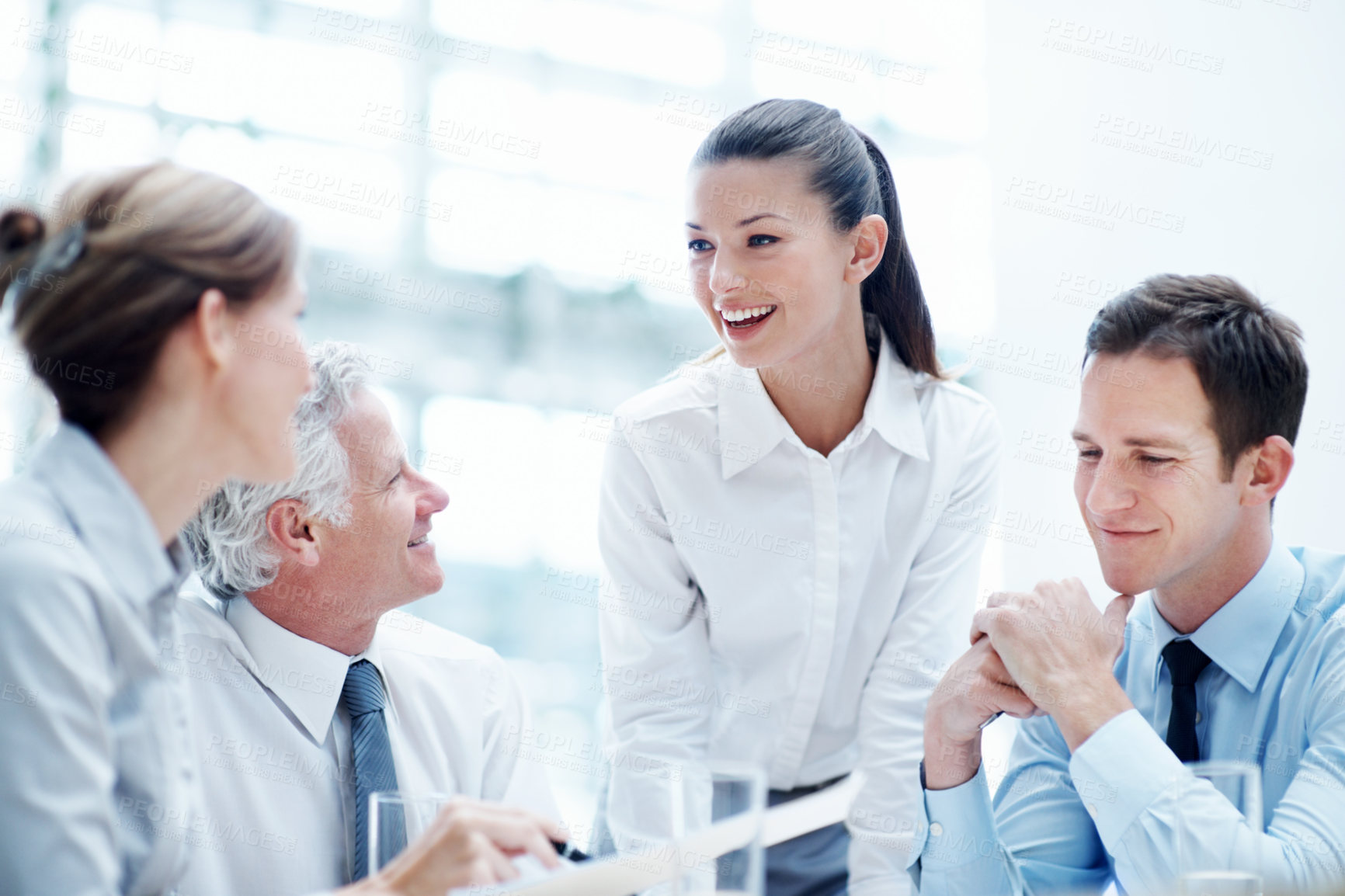 Buy stock photo Business, meeting or people in office with document, strategy plan or feedback in budget review. Collaboration, briefing or finance team with paper, funding evaluation or forecast in revenue report.