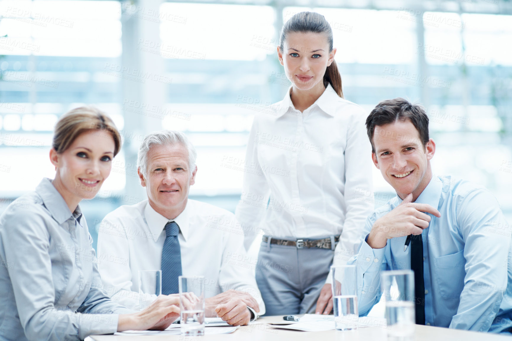Buy stock photo Team, portrait and business people with smile in office, meeting and confident for wealth management. Corporate, financial advisor and colleagues with project, collaboration and investment growth