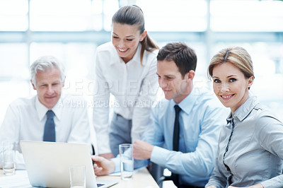 Buy stock photo Team, meeting and businesswoman with smile in office, risk assessment and research info with laptop. Business people, discussion and confident with project on web, portrait or collaboration with tech