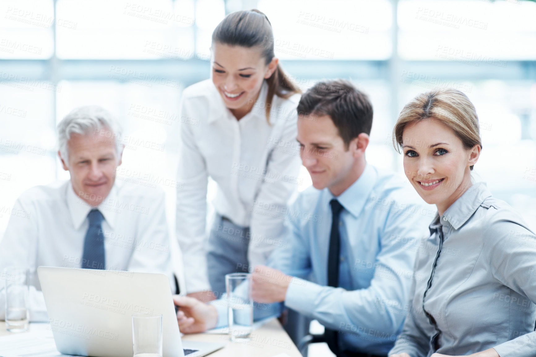 Buy stock photo Team, meeting and businesswoman with smile in office, risk assessment and research info with laptop. Business people, discussion and confident with project on web, portrait or collaboration with tech