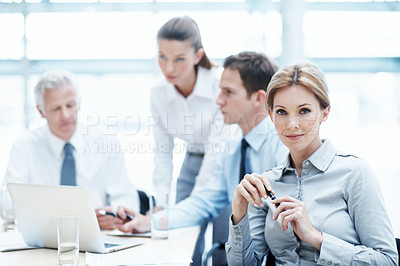 Buy stock photo Office, smile and business woman in meeting for financial compliance, about us and career growth. Company, team and happy person with investment regulation, risk management and corporate portrait