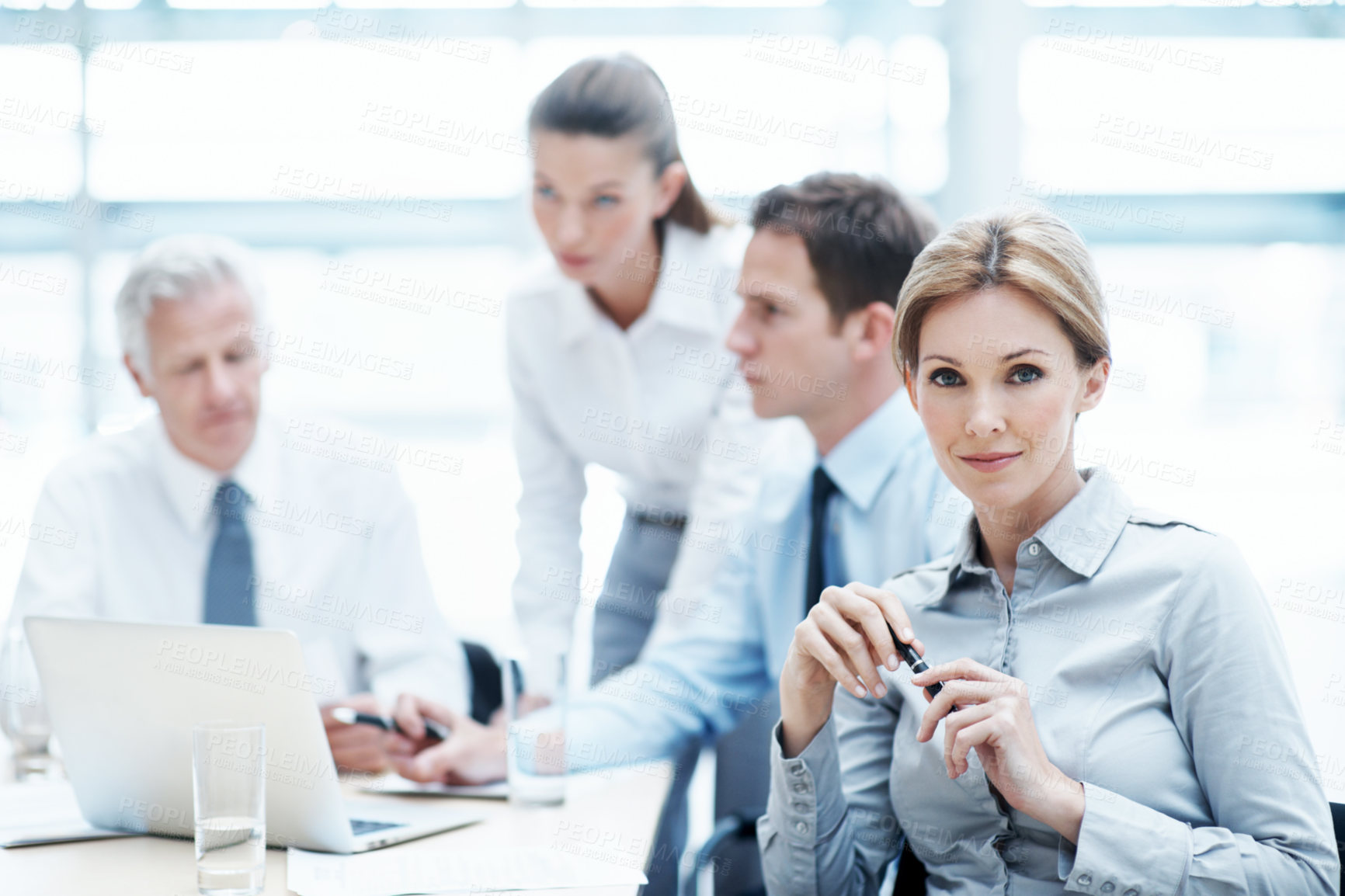 Buy stock photo Office, smile and business woman in meeting for financial compliance, about us and career growth. Company, team and happy person with investment regulation, risk management and corporate portrait
