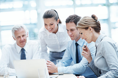 Buy stock photo Business, meeting or people in agency with laptop, strategy insight or review of budget report. Collaboration, digital or finance advisors with tech, funding brief or evaluation of company revenue.