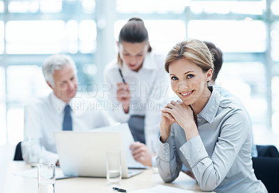 Buy stock photo Leadership, smile and businesswoman with project in office, wealth management or career development. Corporate, portrait and happy person with team, investment banking and business growth in USA