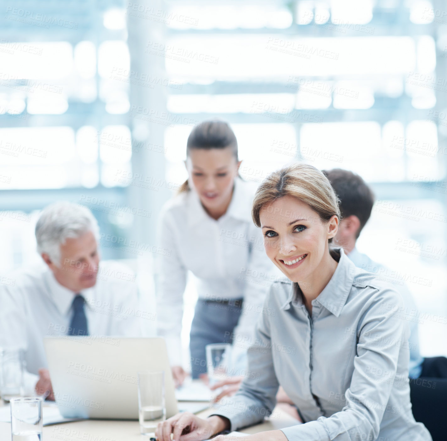 Buy stock photo Leadership, smile and businesswoman with project in meeting, wealth management or career development. Corporate, portrait and happy person with team, investment banking and business growth in USA