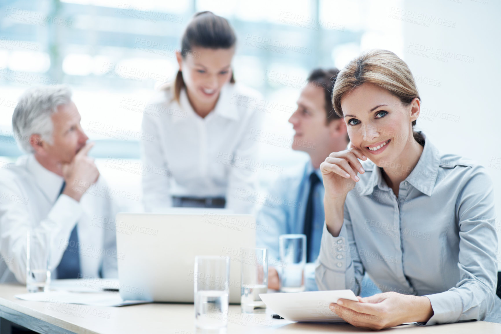 Buy stock photo Business, woman and lawyer in office for meeting, court case and document with witness statement. Portrait, person and team with legal paperwork for evidence, confidential information and lawsuit