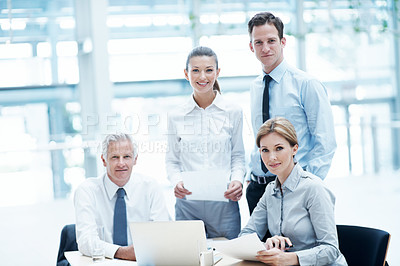 Buy stock photo Portrait, business and people in meeting with document, court case and lawyer with statement. Team, attorney and laptop with paperwork in workplace for evidence, confidential information and lawsuit
