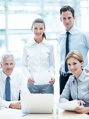 Buy stock photo Portrait, people and meeting in office with document, court case and lawyer with statement. Team, attorney and laptop with paperwork in workplace for evidence, confidential information and lawsuit