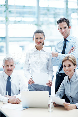Buy stock photo Team, portrait and business people with paperwork in office, meeting and happy for wealth management. Corporate, financial advisor and colleagues with documents, collaboration and investment growth