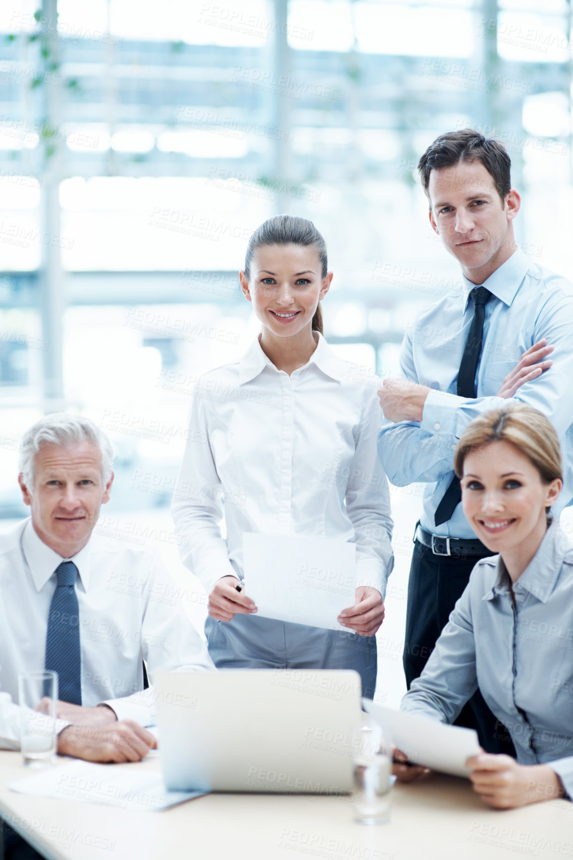 Buy stock photo Team, portrait and business people with paperwork in office, meeting and happy for wealth management. Corporate, financial advisor and colleagues with documents, collaboration and investment growth