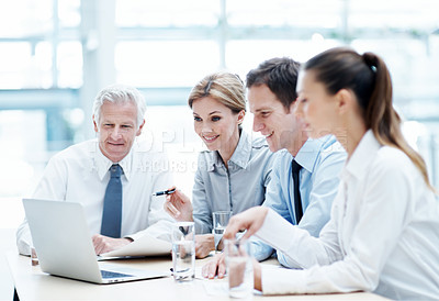 Buy stock photo Corporate, people and manager in office with laptop, online financial statement or planning for audit. Accounting, team and finance management in firm with computer, review and strategy for business.