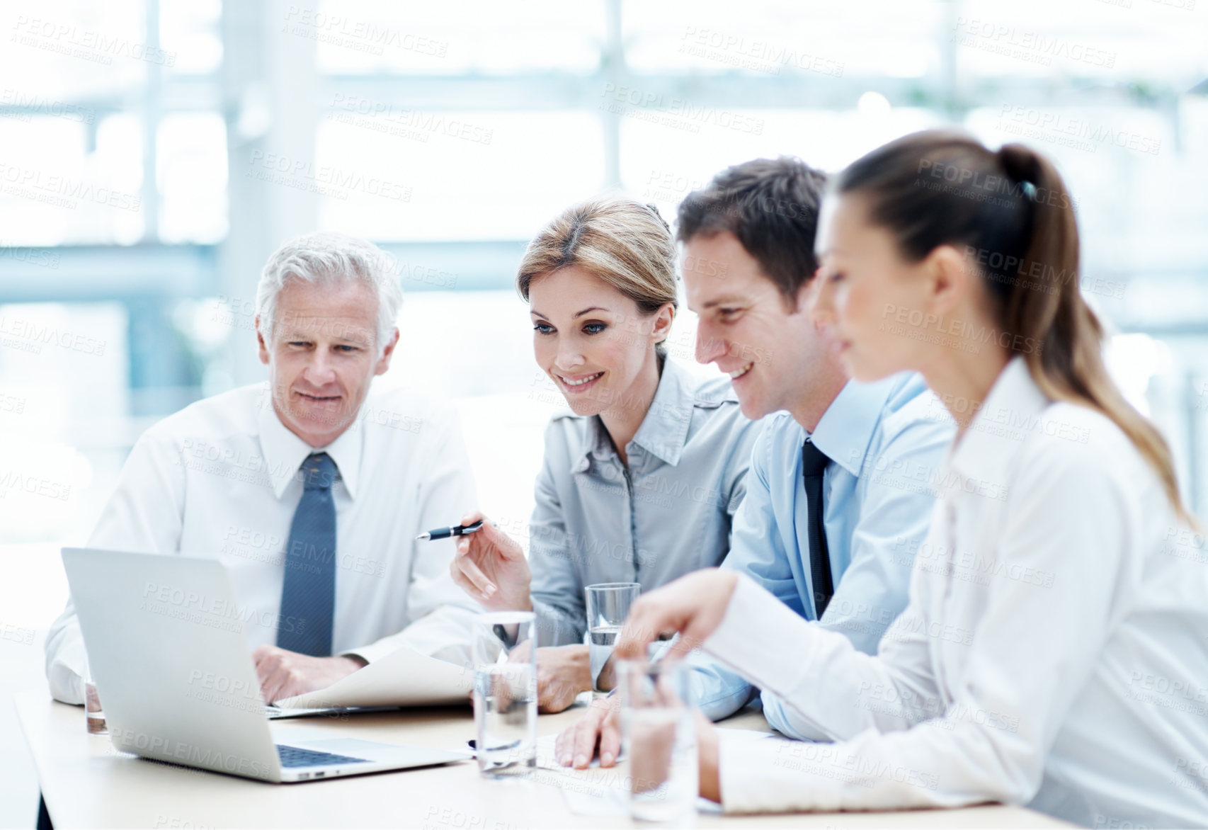 Buy stock photo Corporate, people and manager in office with laptop, online financial statement or planning for audit. Accounting, team and finance management in firm with computer, review and strategy for business.