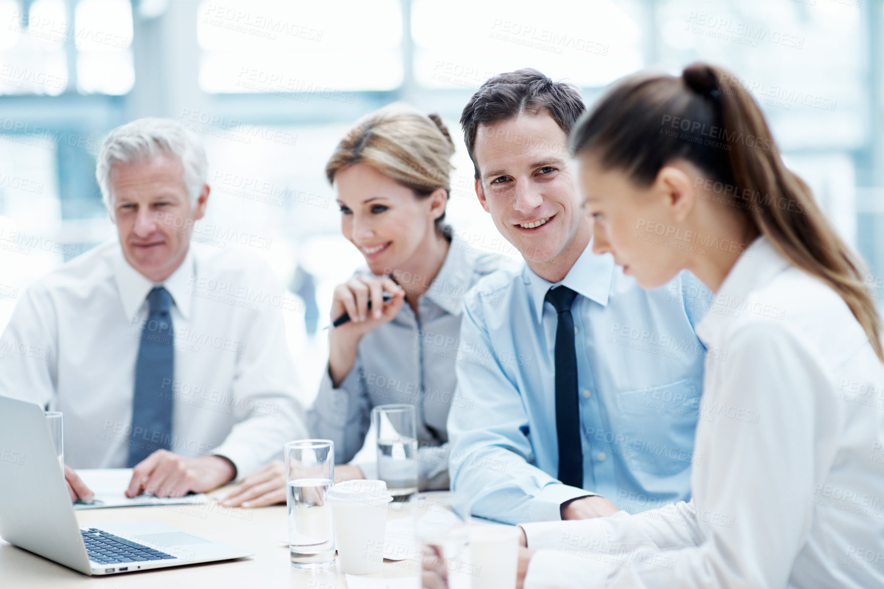 Buy stock photo Portrait, man and smile in office with business meeting, financial management and laptop for audit. Happy, person and accounting team in firm with computer, bookkeeping and corporate finance career.