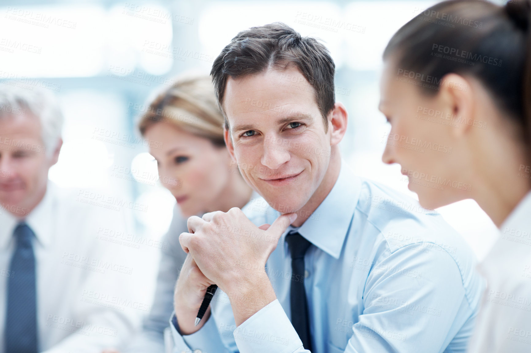 Buy stock photo Confident, leadership and businessman with team in meeting, wealth management and career development. Corporate, portrait and happy person with pride, investment banking and business growth in USA