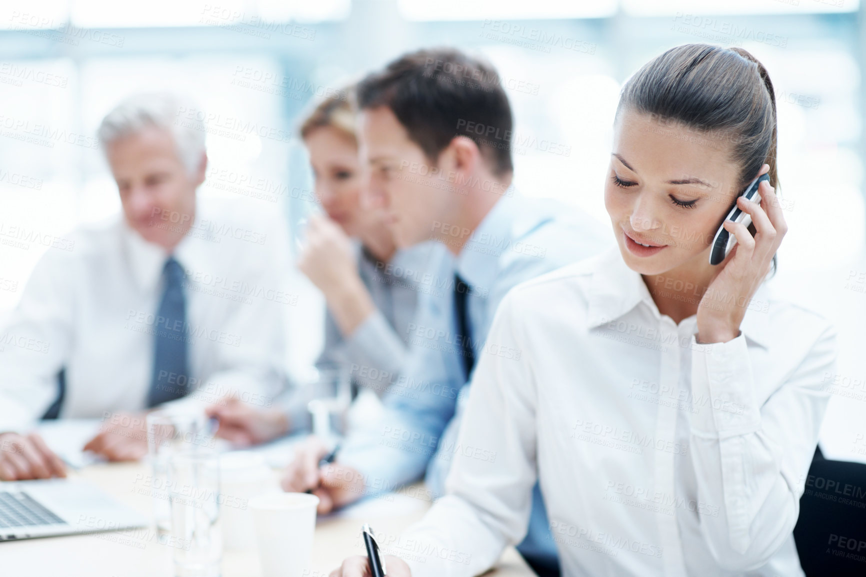 Buy stock photo Business, woman and phone call in corporate agency for finance advice, assistance or help in office. Female person, agent or financial advisor with team or cellphone for meeting or budget proposal