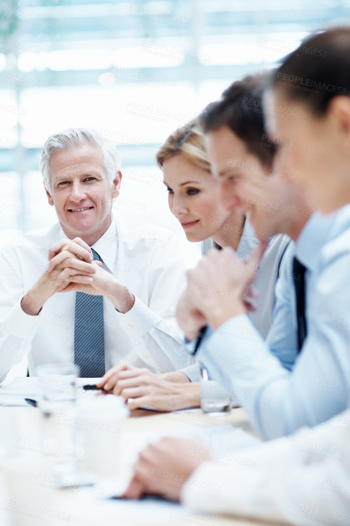 Buy stock photo Meeting, team and business people with corporate executive for project finance or budget report. Businessman, CEO or smile with financial advisors for company expenses, funding or proposal in agency