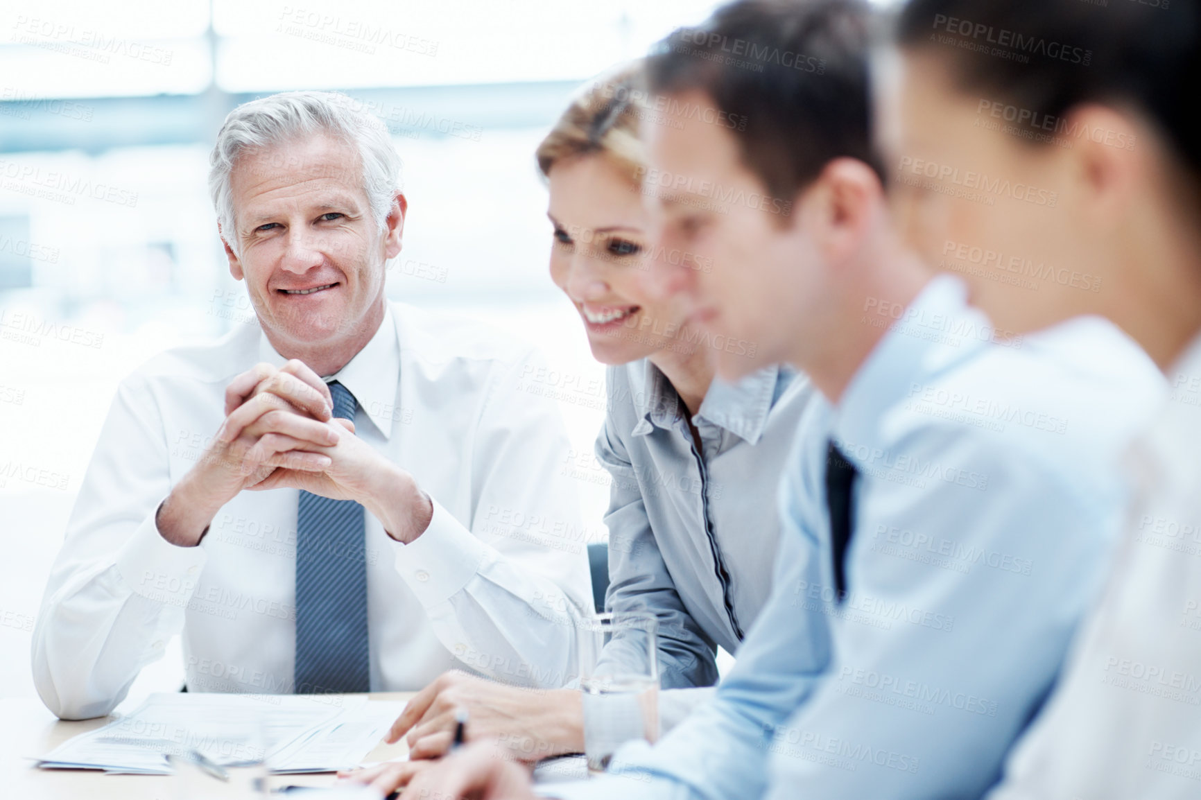 Buy stock photo Portrait, man and lawyer in office for meeting, court case and documents with witness statement. Mature attorney, team and paperwork in workplace for evidence, confidential information and lawsuit