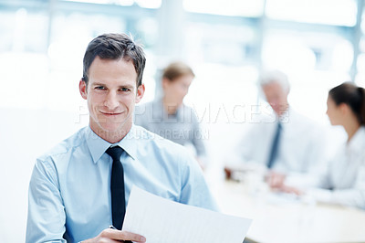 Buy stock photo Portrait, business and happy man in meeting with document for accounting, finance and auditor. Team, person and accountant with investment paper, bookkeeping professional or career growth in office