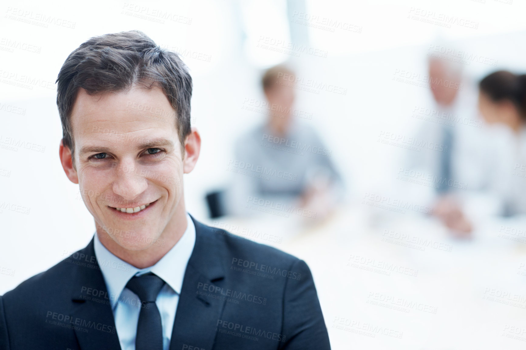 Buy stock photo Portrait, corporate and happy man in meeting for accounting, finance and auditor in workplace. Smile, person and accountant in office for investment, bookkeeping professional and career growth