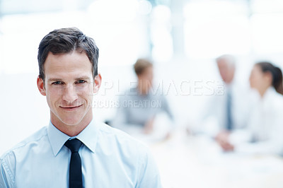 Buy stock photo Smile, about us and man in office for accounting, finance and auditor in corporate meeting. Portrait, person and accountant in company for investment, bookkeeping professional and career growth