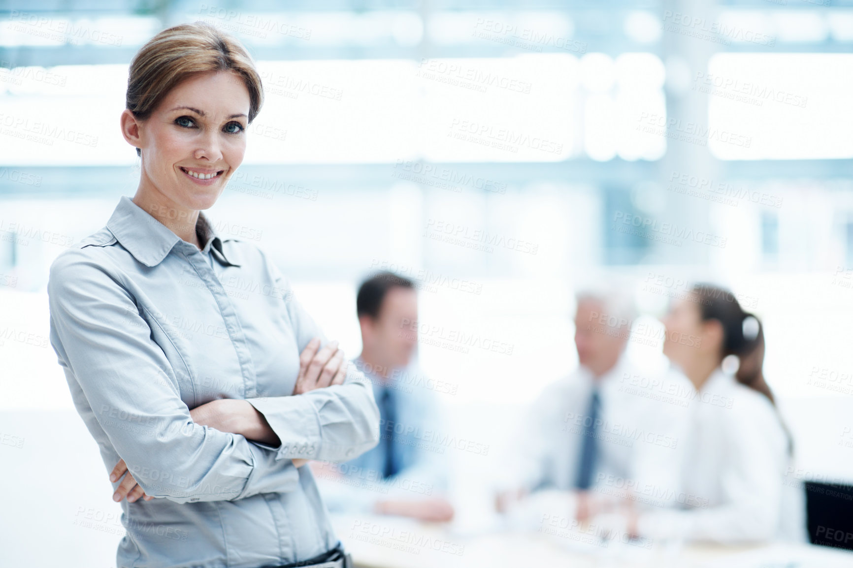 Buy stock photo Portrait, leader and businesswoman with arms crossed in meeting, wealth management and career growth. Corporate, team and person with smile, investment banking and business development in Canada