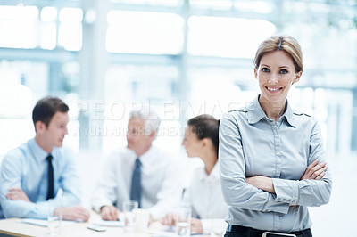 Buy stock photo Portrait, leader and businesswoman with arms crossed in office, wealth management and career growth. Corporate, meeting and person with smile, investment banking and business development in Canada