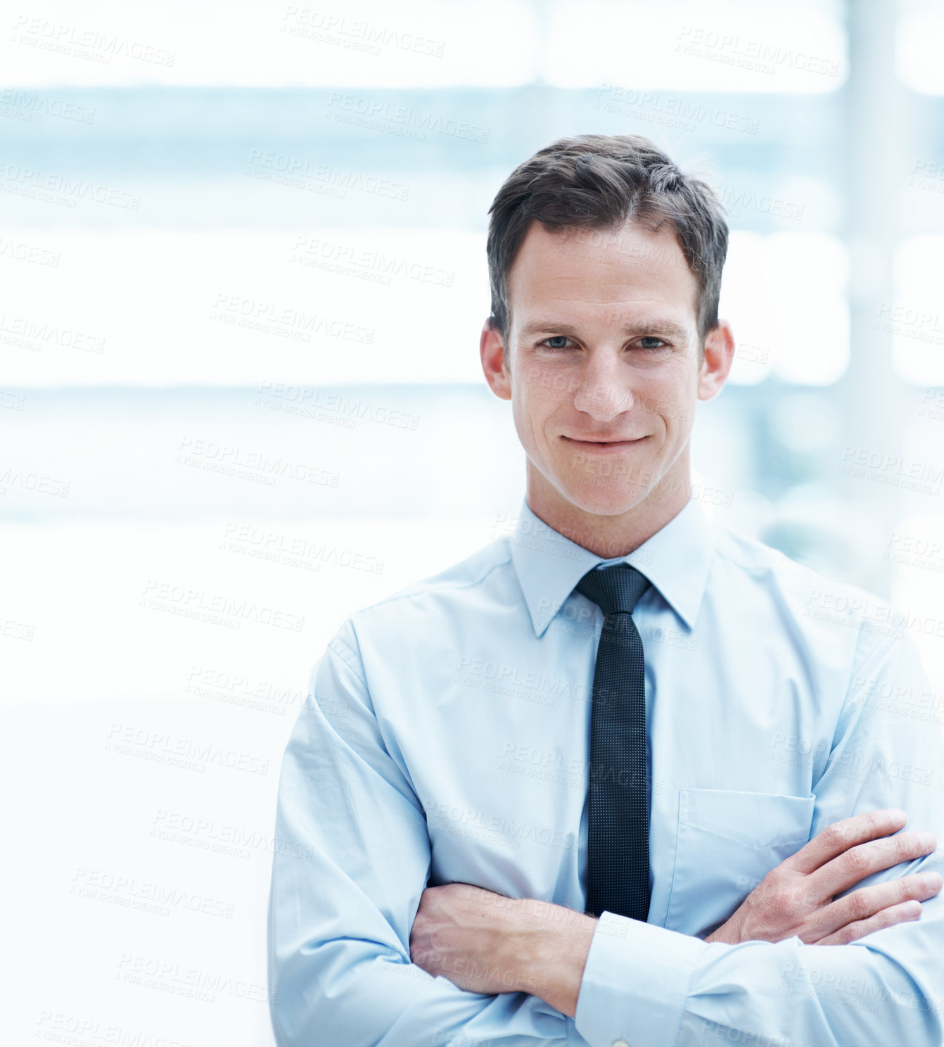 Buy stock photo Portrait, smile and businessman with arms crossed in office, wealth management or career development. Corporate, employee and happy person with pride, investment banking and business growth in Canada