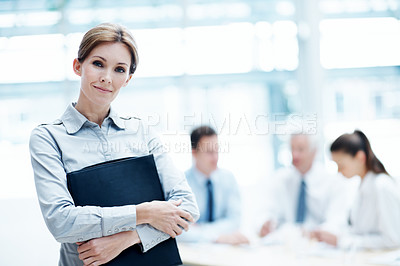 Buy stock photo Leadership, smile and businesswoman with arms crossed in meeting, wealth management or career growth. Corporate, portrait and person with folder, investment banking and business development with team
