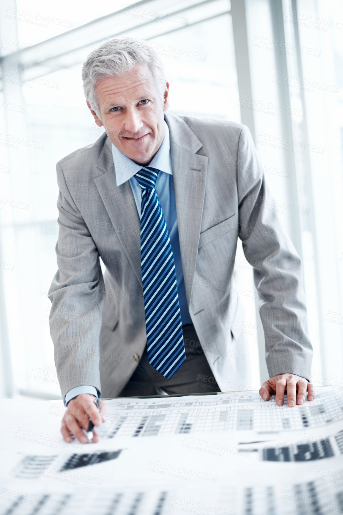 Buy stock photo Portrait, businessman and document in office with data analysis, budget report and finance management. Mature person, accounting and paperwork in workplace with stats, graphs and financial planning.