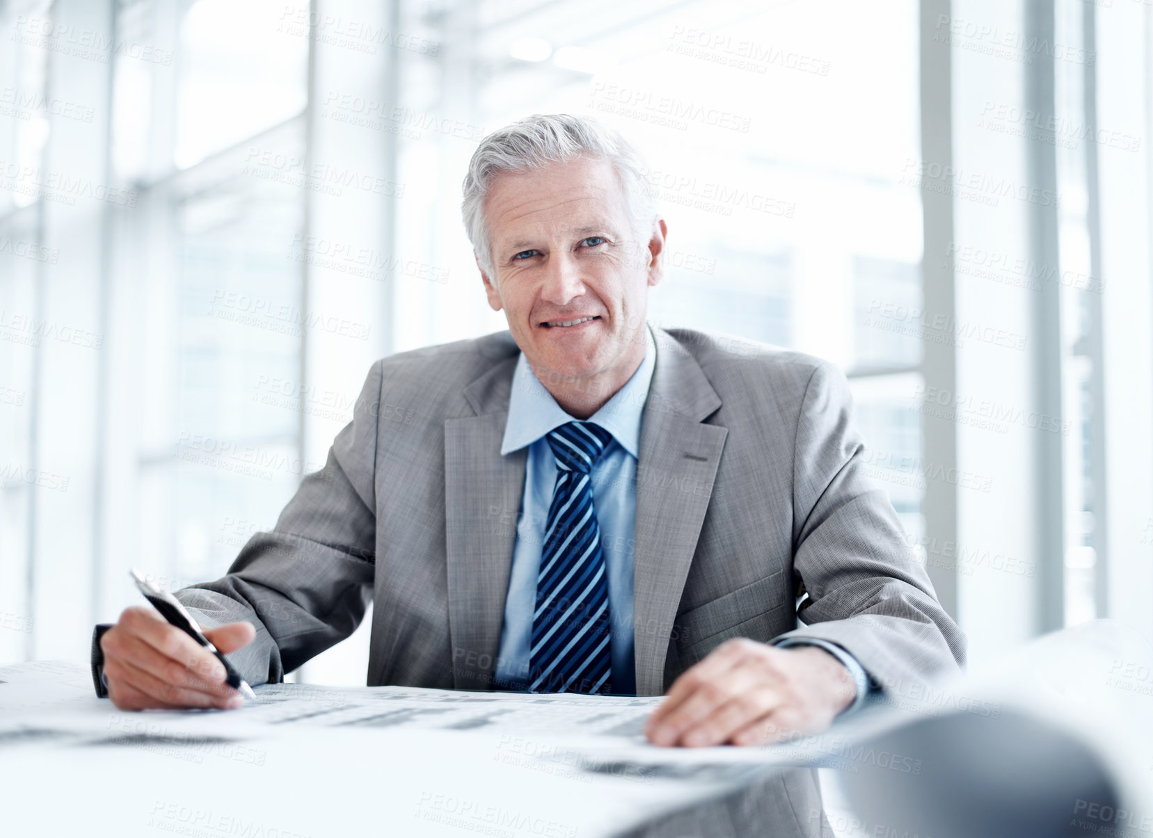 Buy stock photo Documents, smile and portrait of businessman in office with confidence for career in finance management. Paperwork, happy and mature financial officer with pride for company about us in workplace.