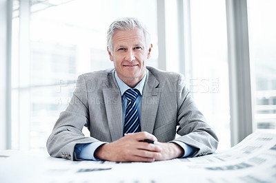 Buy stock photo Documents, about us and portrait of businessman in office with confidence for career in finance management. Paperwork, smile and mature financial officer with pride for investment plan in workplace.