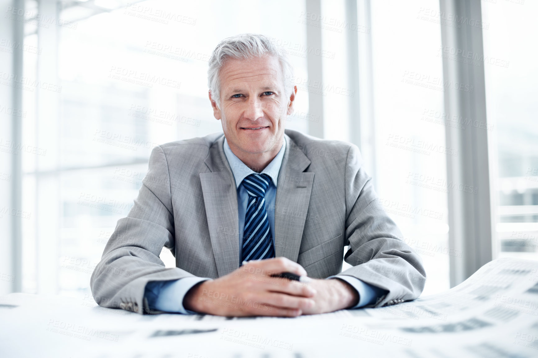 Buy stock photo Documents, about us and portrait of businessman in office with confidence for career in finance management. Paperwork, smile and mature financial officer with pride for investment plan in workplace.