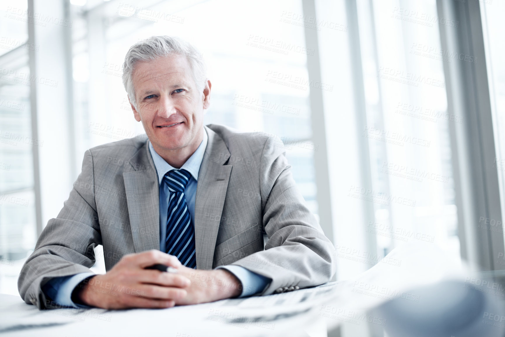 Buy stock photo Portrait, document or man in office with budget analysis, expense review or pride in cost control. Happy, finance or mature revenue advisor with paper, confidence or about us in risk management.
