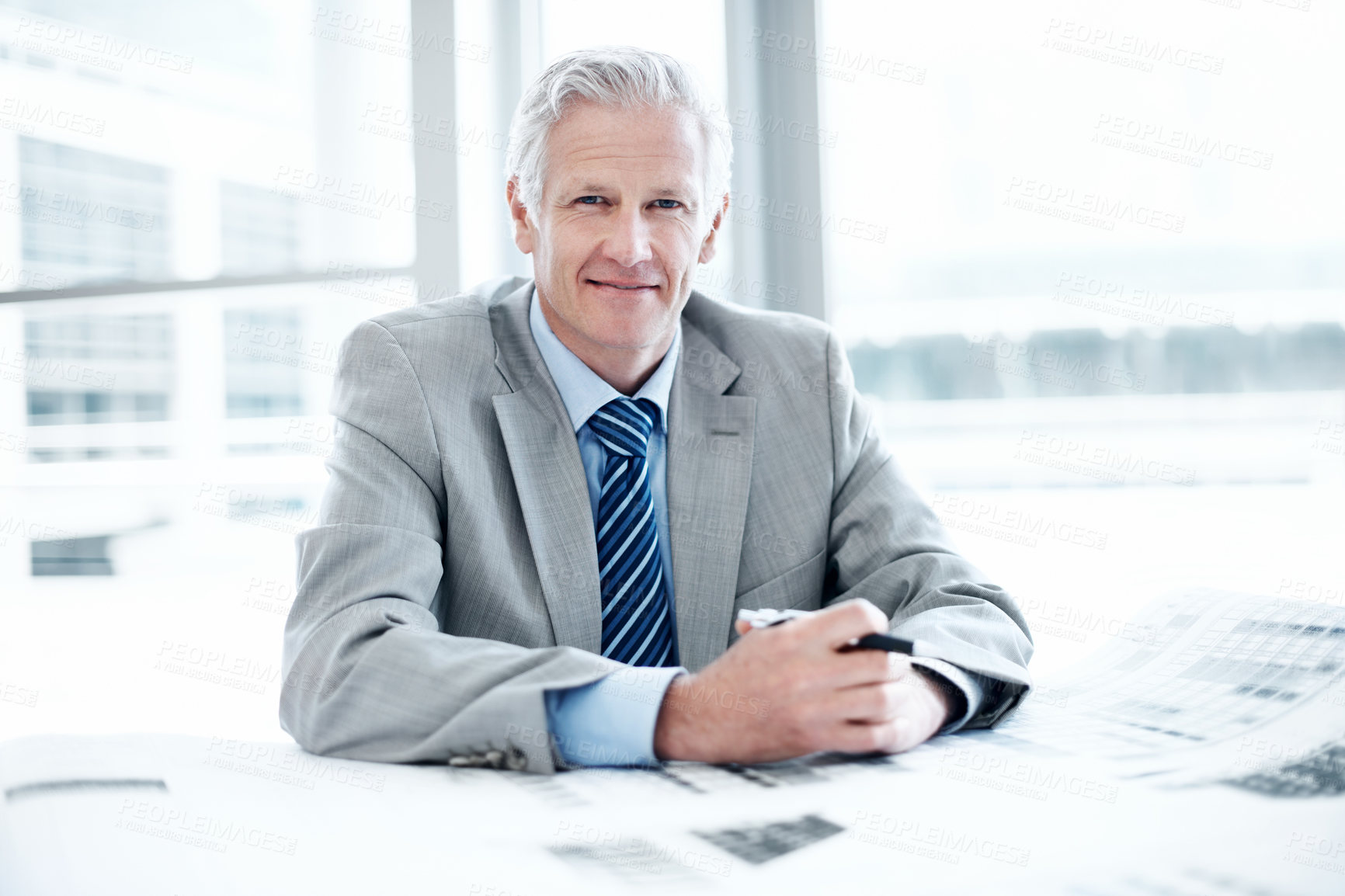 Buy stock photo Paperwork, happy and portrait of businessman in office with confidence for career in finance management. Documents, smile and mature financial advisor with pride for company about us in workplace.