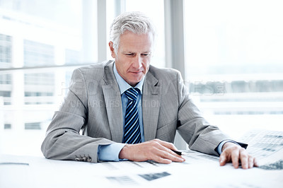 Buy stock photo Documents, thinking and businessman in office with planning for finance report with revenue growth. Paperwork, ideas and mature financial manager with decision on investment proposal in workplace.
