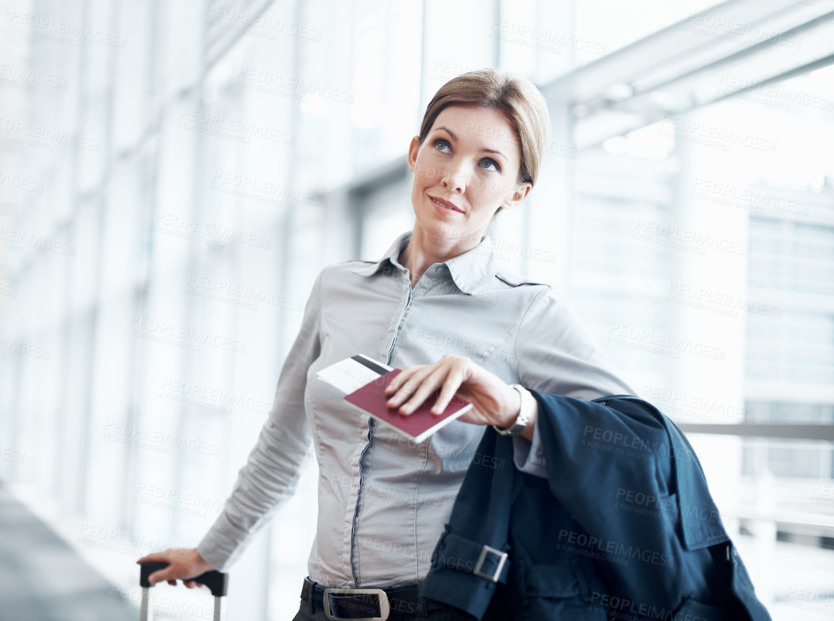 Buy stock photo Airport, thinking and business woman with wrist watch for schedule, travel delay or commute. Professional, waiting and person with ticket, planning and check time for departure, boarding or work trip