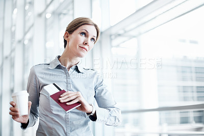 Buy stock photo Waiting, drink and woman with time in airport for departure schedule, travel delay and commute. Professional, thinking and person with coffee, ticket and wrist watch for planning, boarding and trip