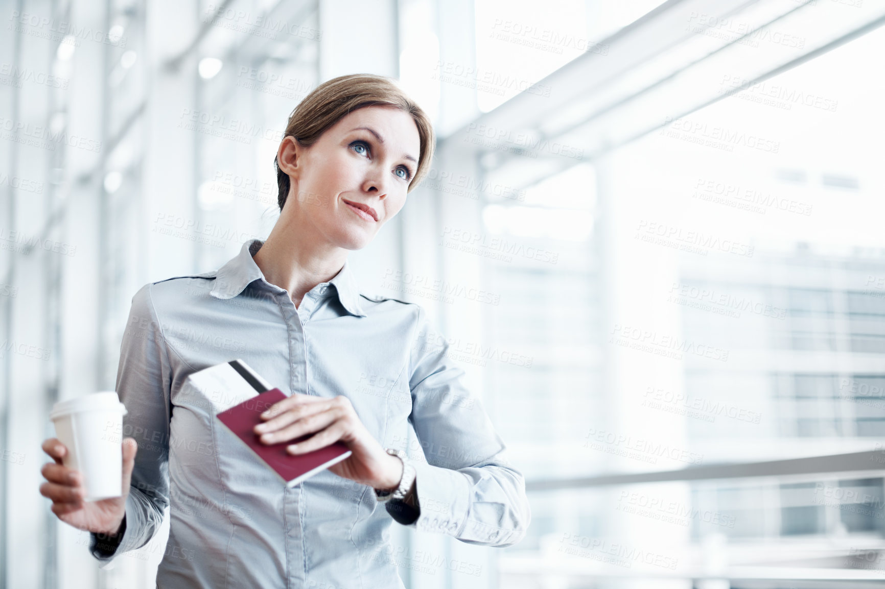 Buy stock photo Waiting, drink and woman with time in airport for departure schedule, travel delay and commute. Professional, thinking and person with coffee, ticket and wrist watch for planning, boarding and trip
