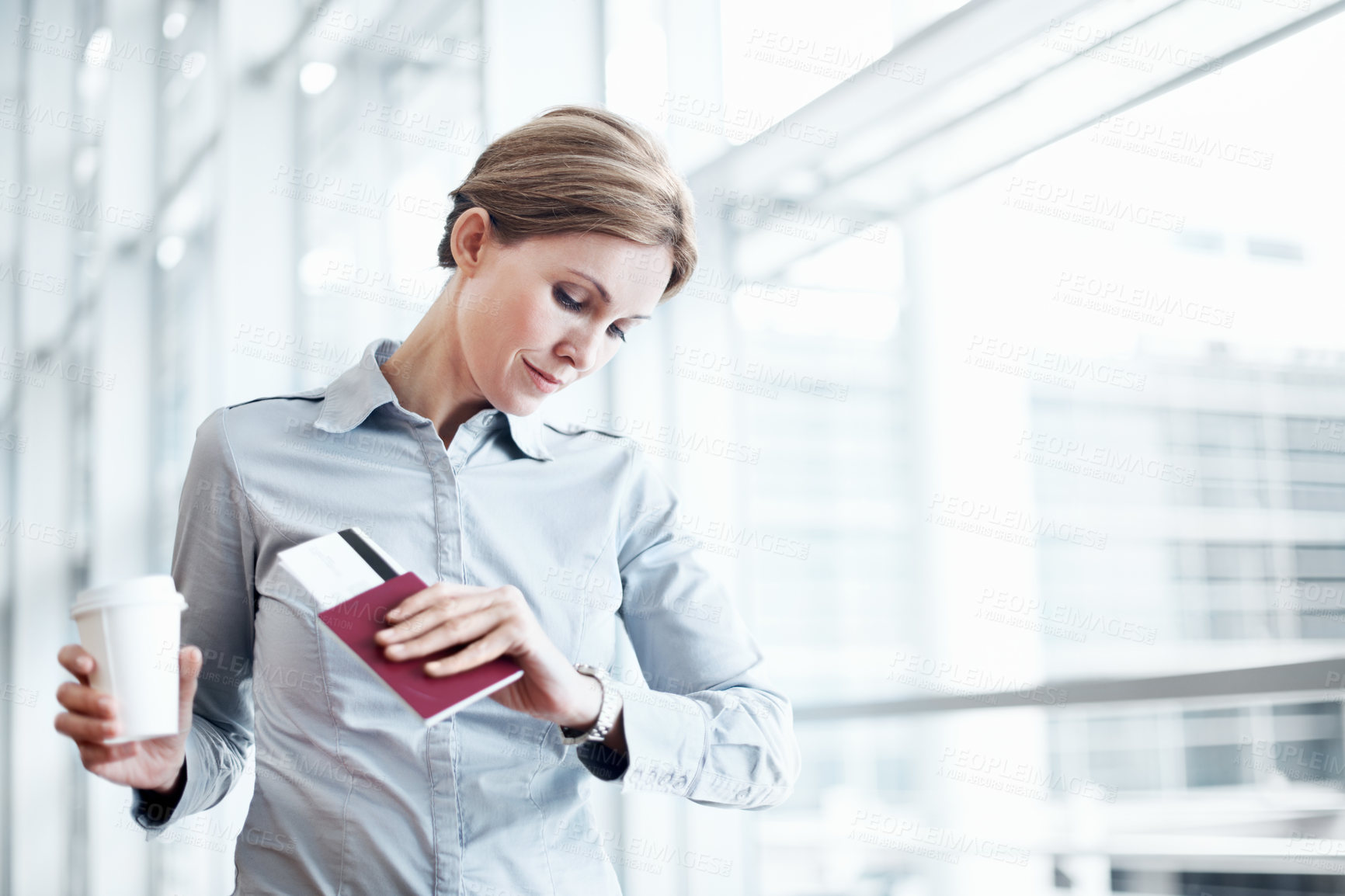 Buy stock photo Airport, drink and business woman with wrist watch for schedule, travel delay and commute. Professional, space and person with coffee, ticket and check time for departure, boarding and info for trip