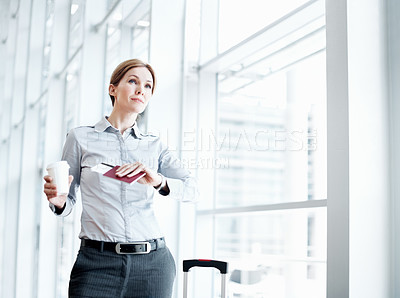 Buy stock photo Airport, coffee and business woman with wrist watch for schedule, travel delay and commute. Professional, space and person with drink, ticket and check time for departure, boarding and info for trip