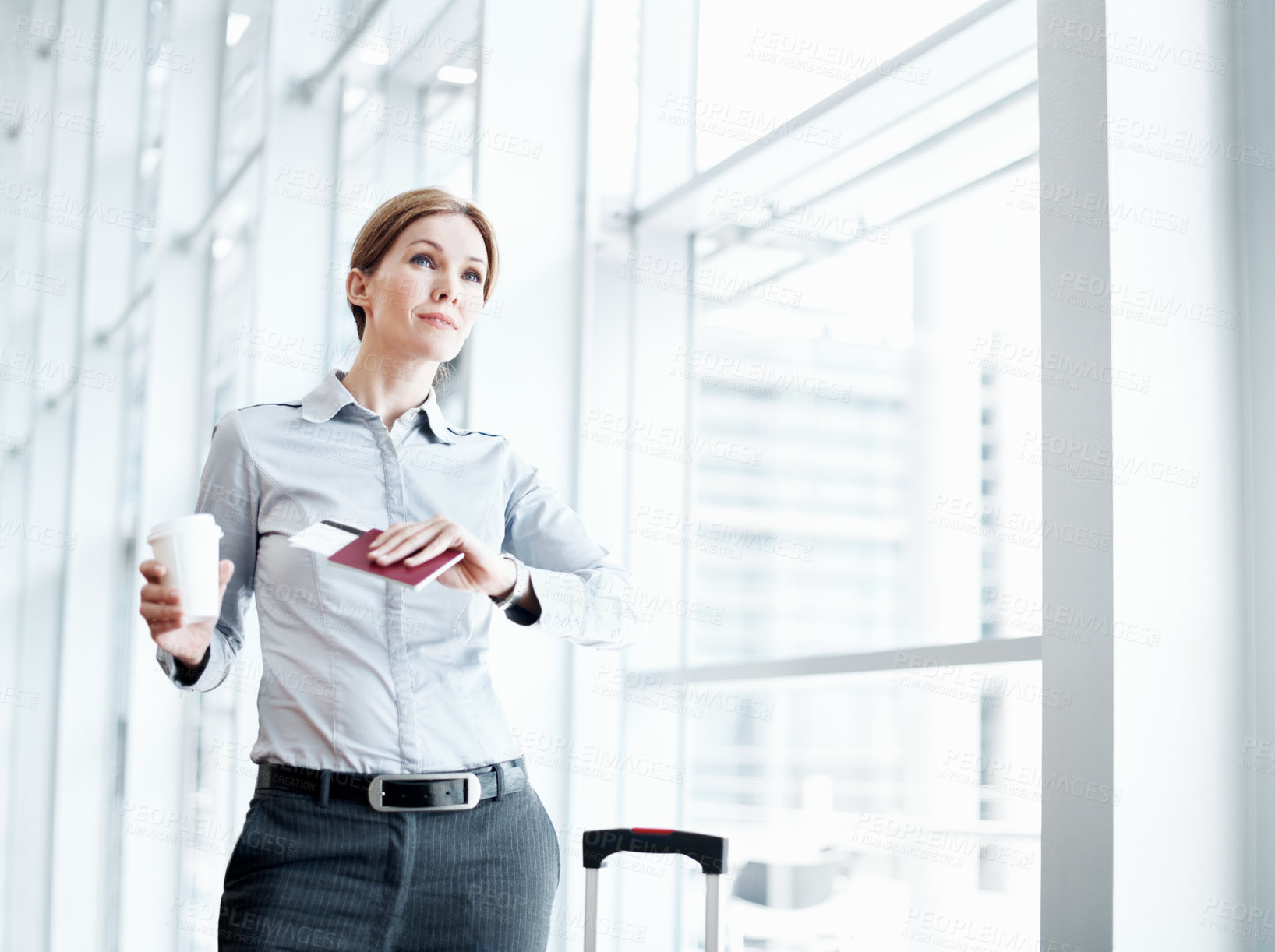 Buy stock photo Airport, coffee and business woman with wrist watch for schedule, travel delay and commute. Professional, space and person with drink, ticket and check time for departure, boarding and info for trip