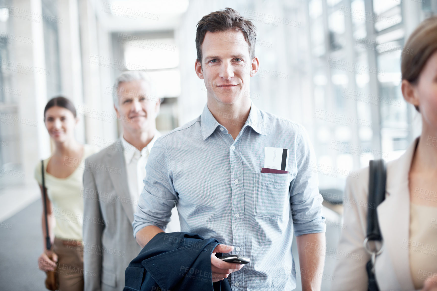 Buy stock photo Airport, portrait and business man with ticket for work trip, commute and travel for global convention. Professional, happy and people in lobby with boarding info for departure, journey or conference