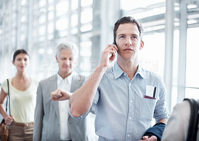 Buy stock photo Business travel, phone call and businessman with passport in airport, communication or flight update. Employee, waiting and person with mobile, discussion and boarding pass for international trip
