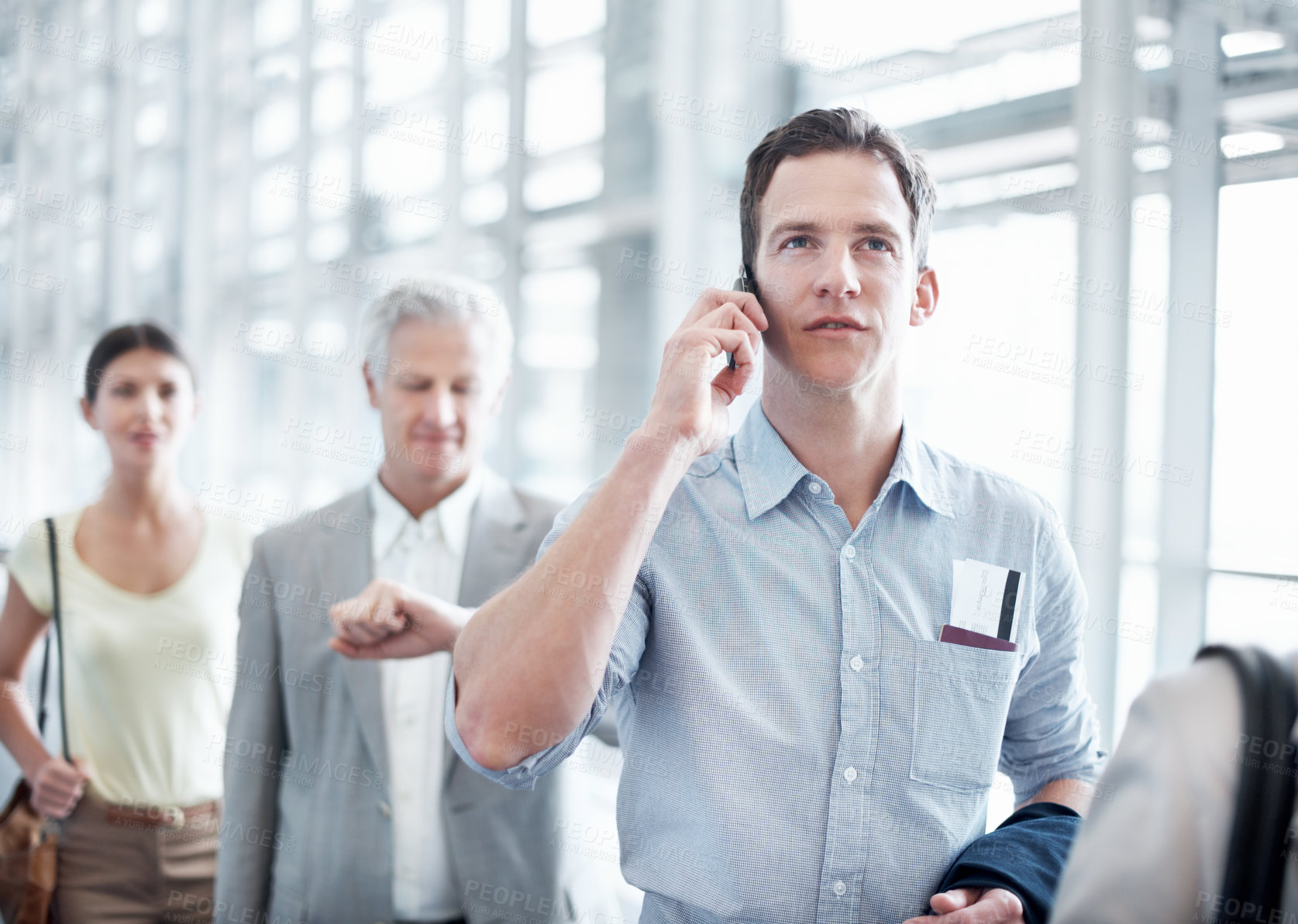 Buy stock photo Business travel, phone call and businessman with passport in airport, communication or flight update. Employee, waiting and person with mobile, discussion and boarding pass for international trip