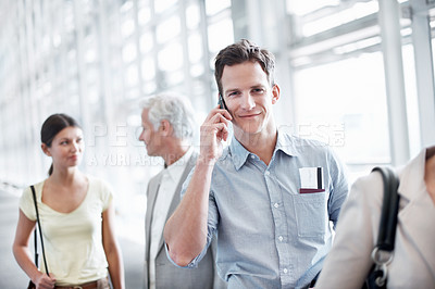 Buy stock photo Business travel, phone call and businessman with smile in airport, communication and flight updates. Employee, portrait and happy person with mobile, chat and boarding pass for international trip